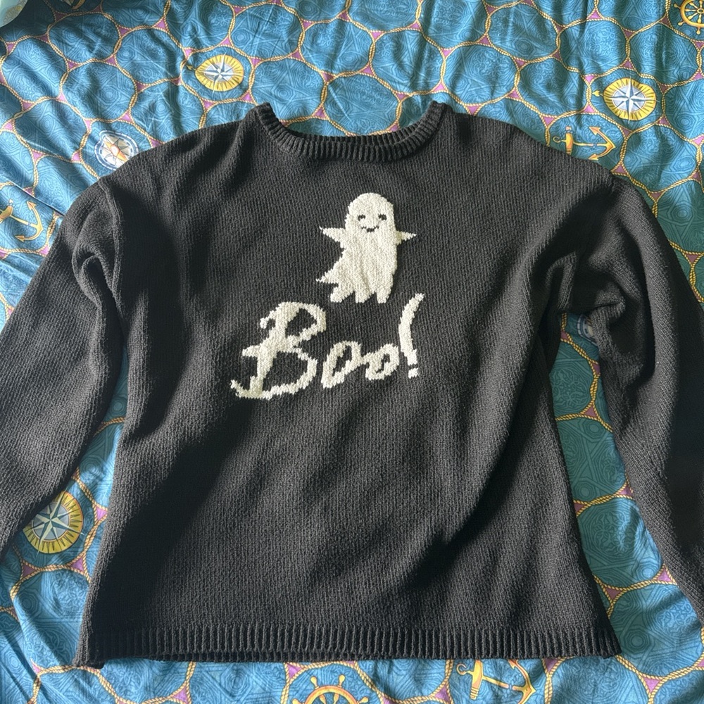 State of Mind Black and White Crew Neck Sweater with Ghost Design